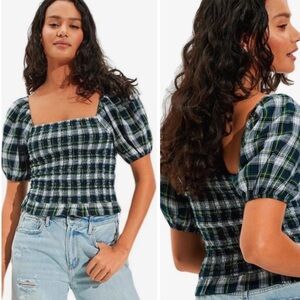 American Eagle Women's Plaid Smocked Crop Top Green Size S Casual